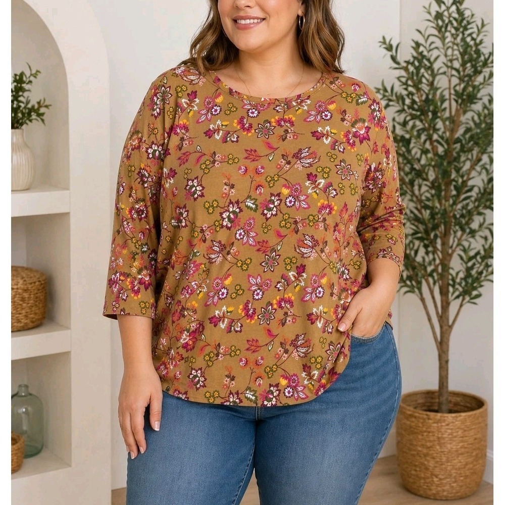 Kim Rogers Floral Top Womens 1X Boho 3/4 Sleeve Cotton Blouse Casual
